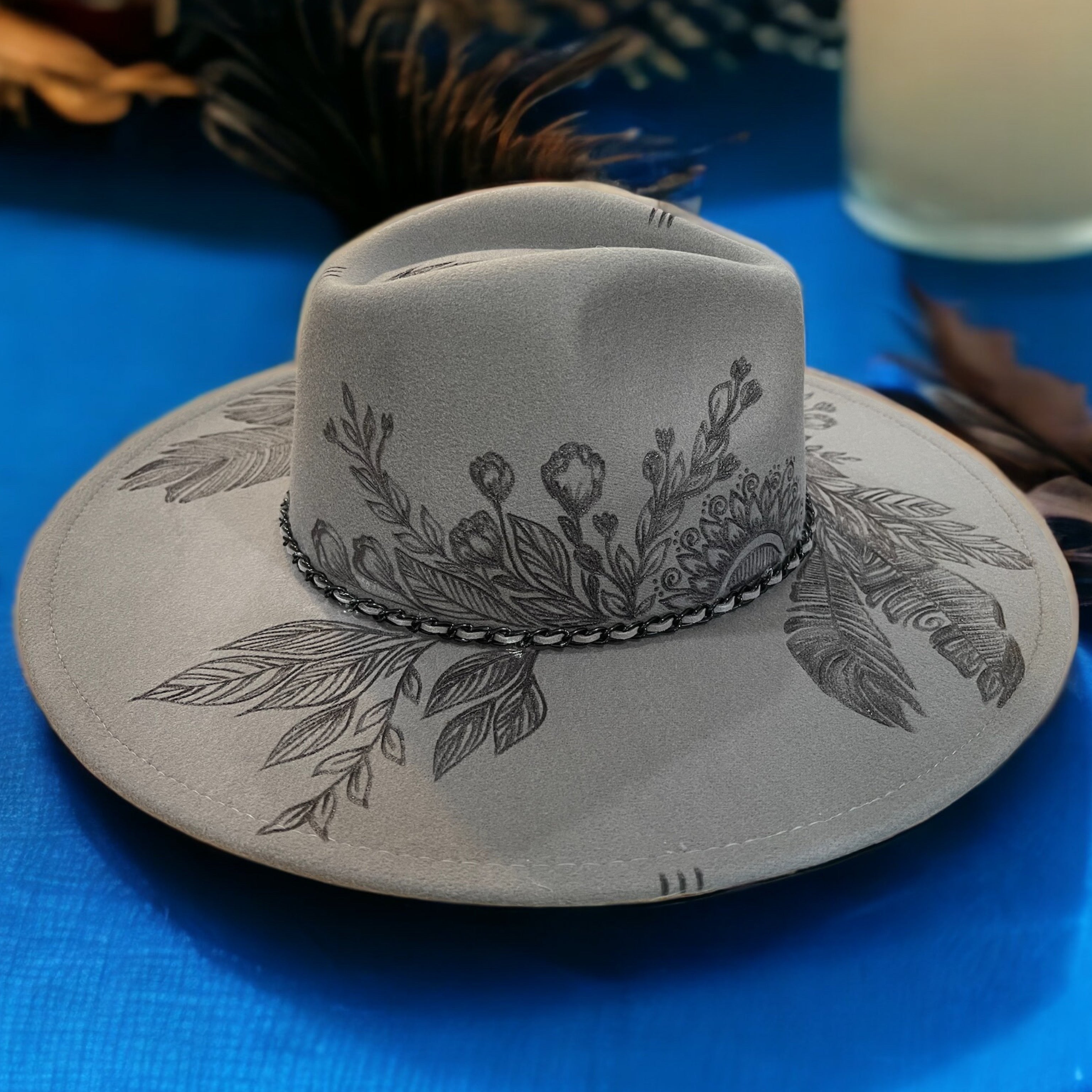 Topknot Burned Wide Brim Hat