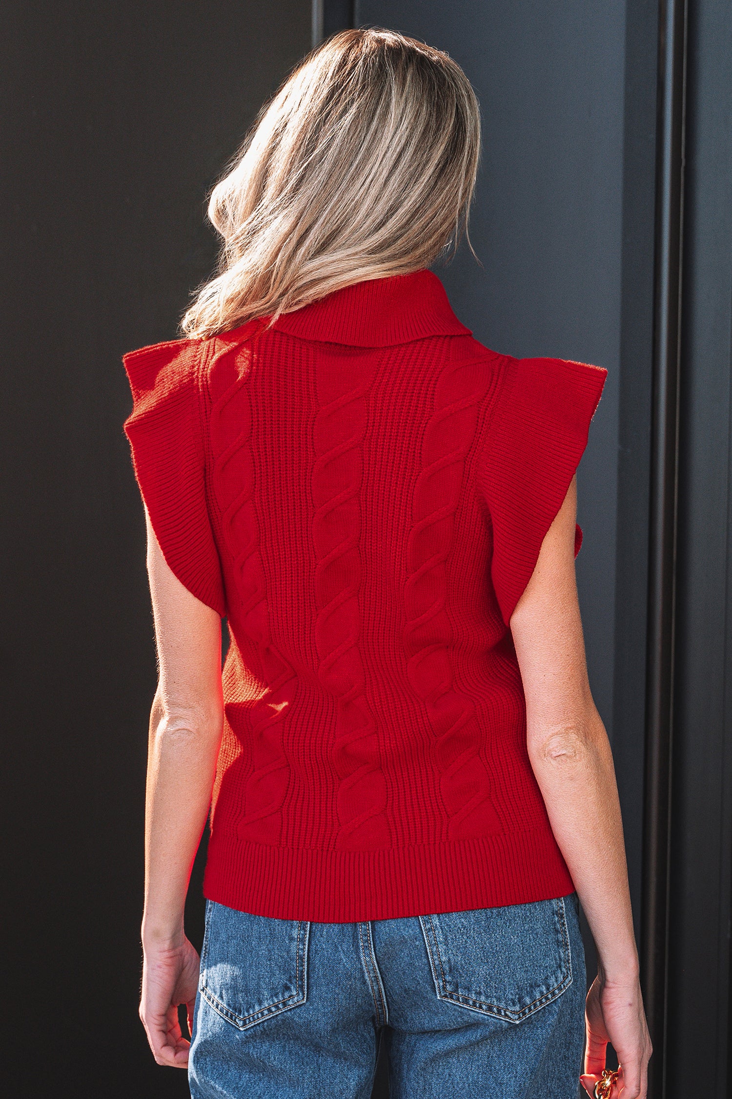 Cable Knit Turtleneck Ruffled Short Sleeve Sweater