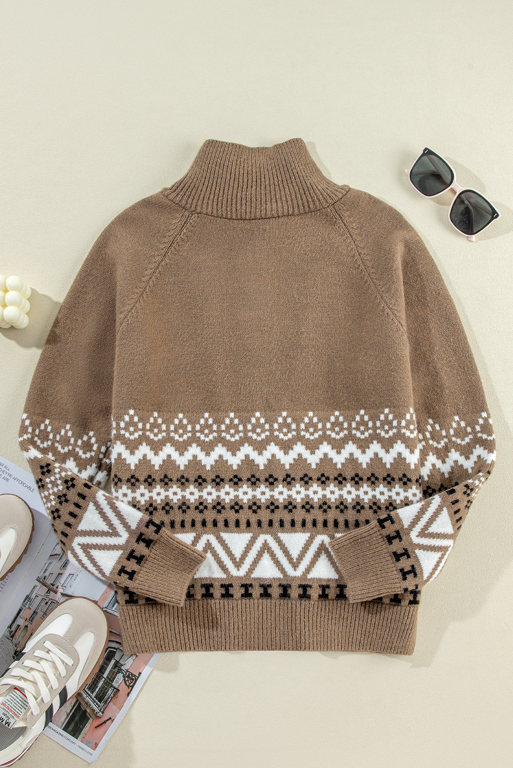 Western Printed Ribbed Trim Zip-Up Cardigan