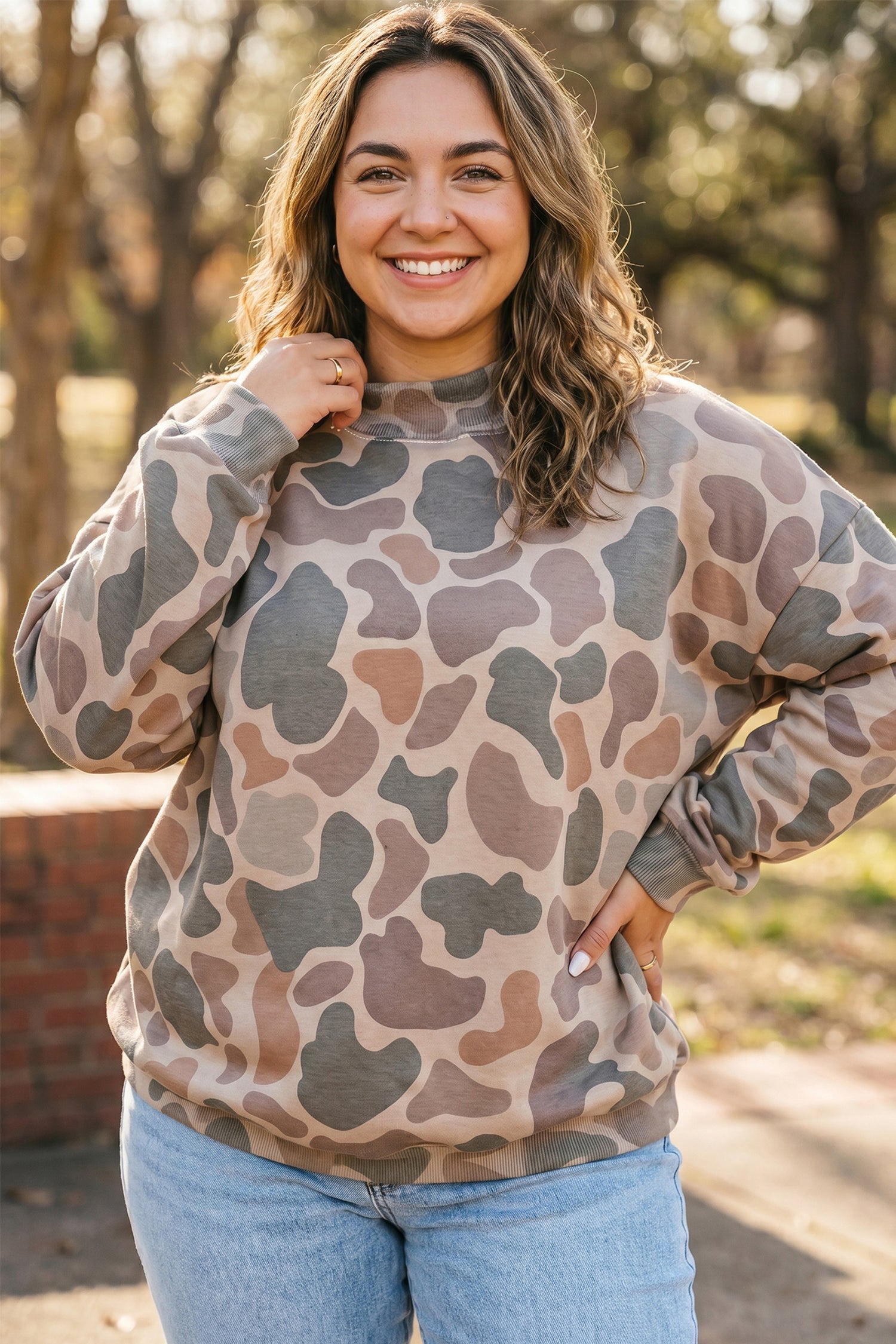 Plus Size Camo Print Mock Neck Sweatshirt