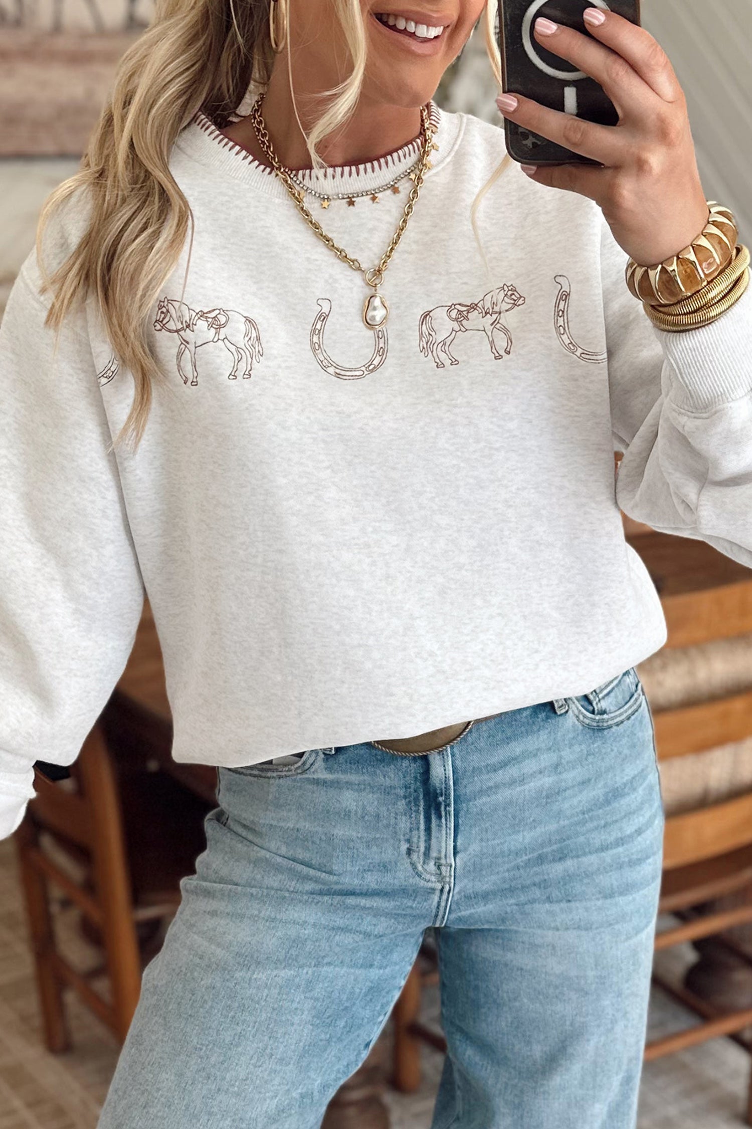 Women's Western Print Embroidered Sweatshirt