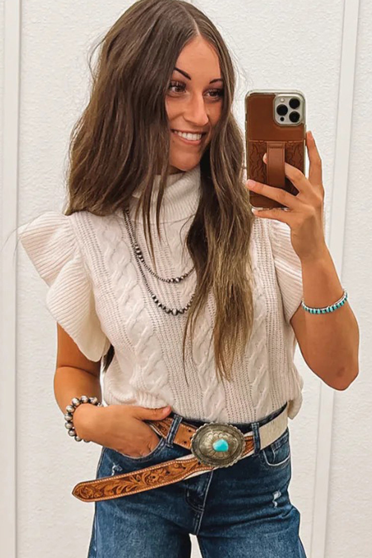 Cable Knit Turtleneck Ruffled Short Sleeve Sweater