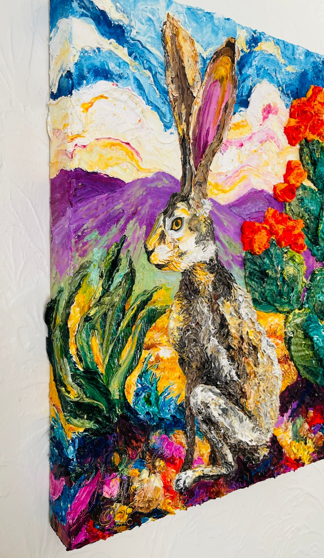 Jackrabbit and Blooming Cactus Original Oil Painting