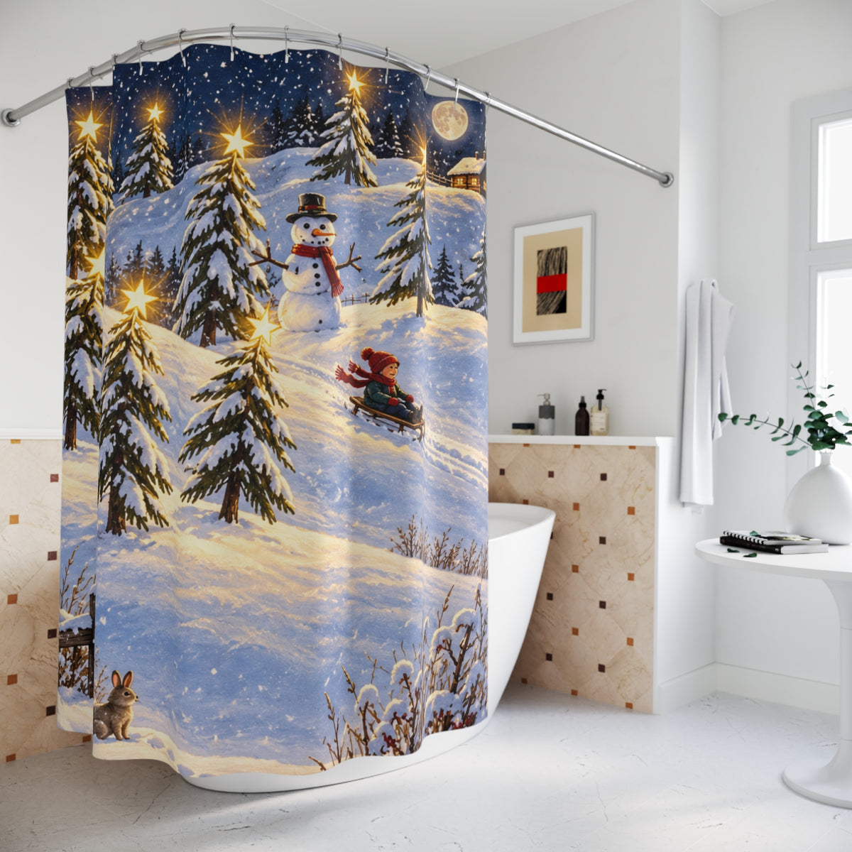 Christmas Snowy Night Shower Curtain — Snowman & Sledding Winter Scene