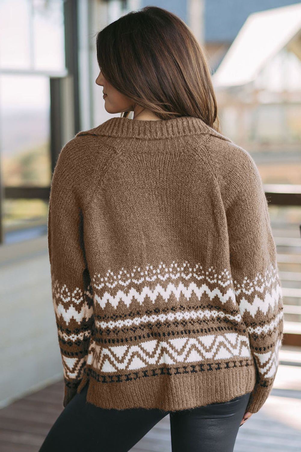 Western Printed Ribbed Trim Zip-Up Cardigan