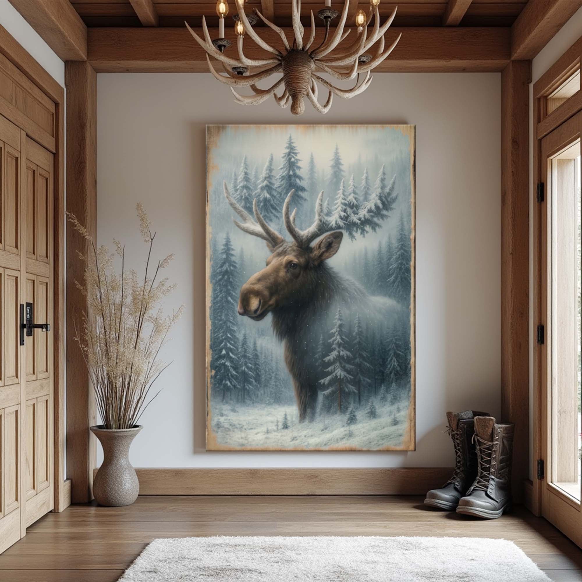 Snowy Forest Moose Double Exposure Canvas Wall Art