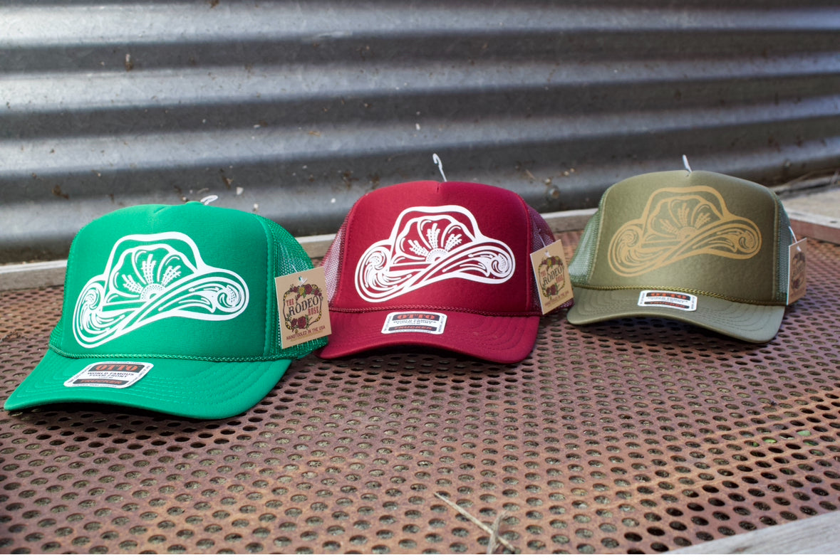 Tooled Cowboy Hat Graphic Trucker Cap — Jewel Tones