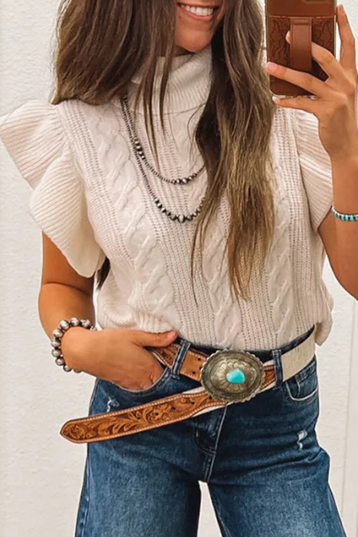 Cable Knit Turtleneck Ruffled Short Sleeve Sweater