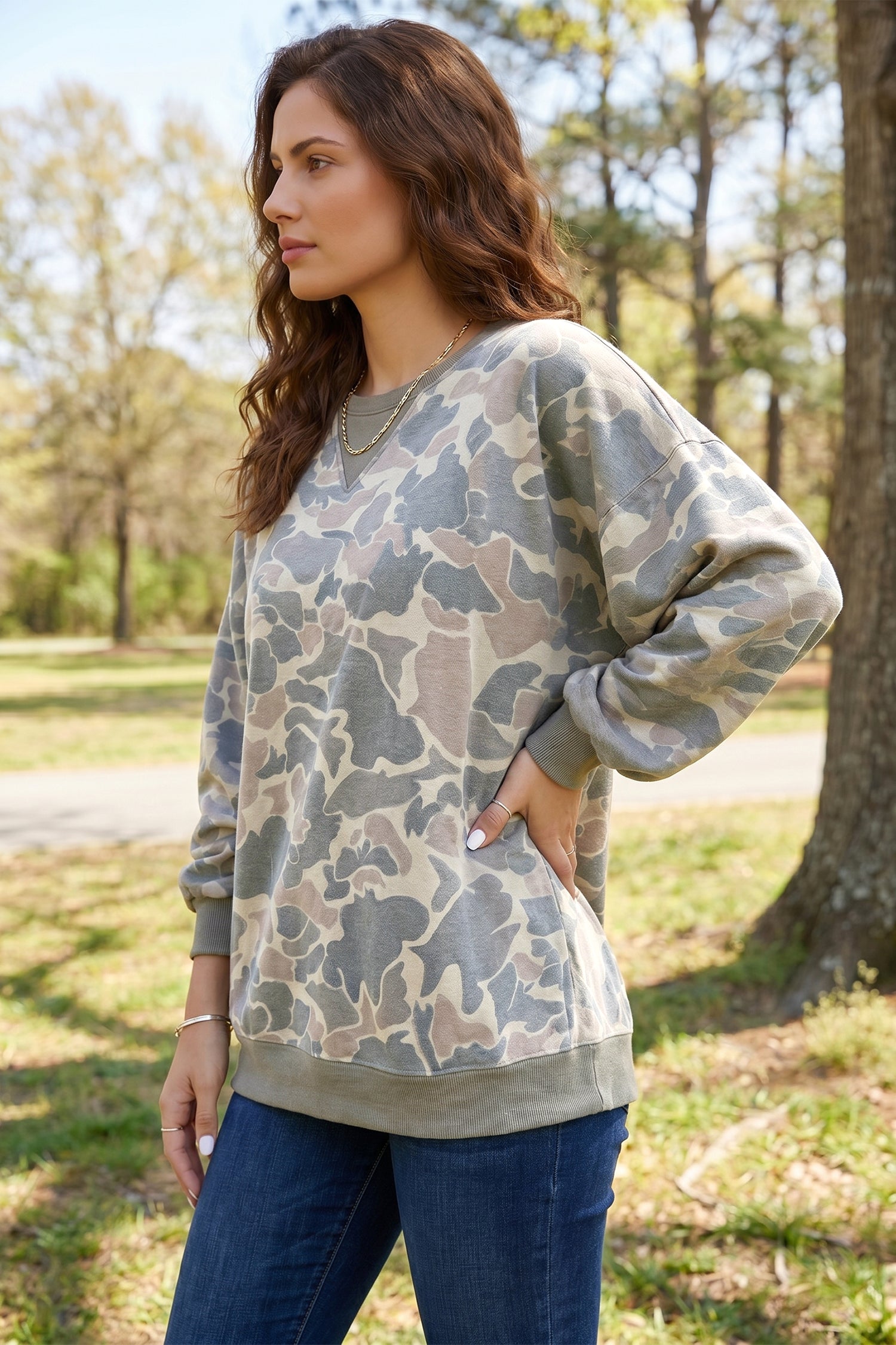 Camo Print Ribbed Trim Pullover Sweatshirt