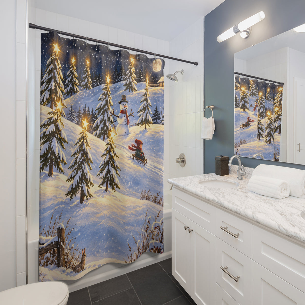 Christmas Snowy Night Shower Curtain — Snowman & Sledding Winter Scene