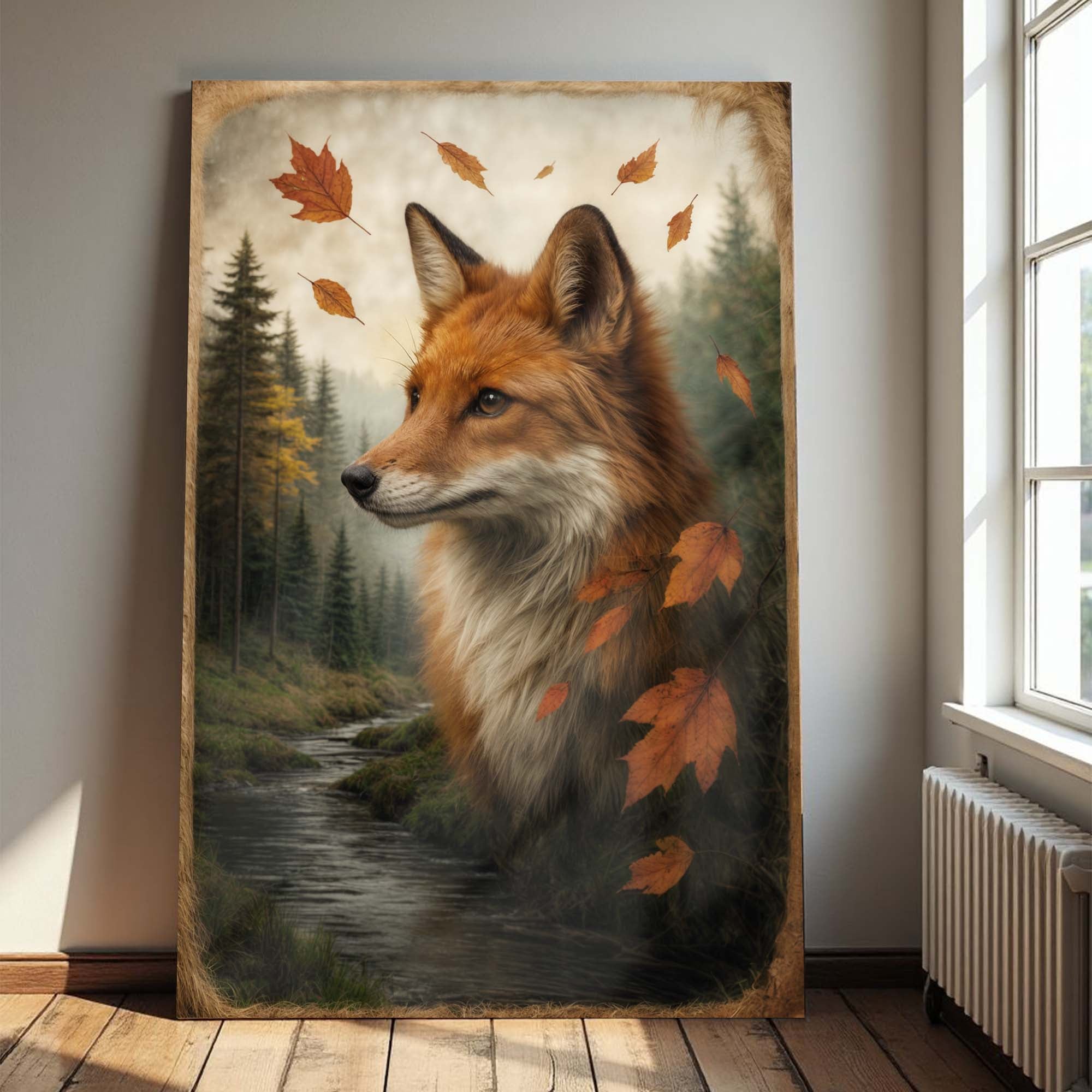 Autumn Fox Double Exposure Canvas Wall Art