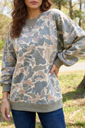 Camo Print Ribbed Trim Pullover Sweatshirt