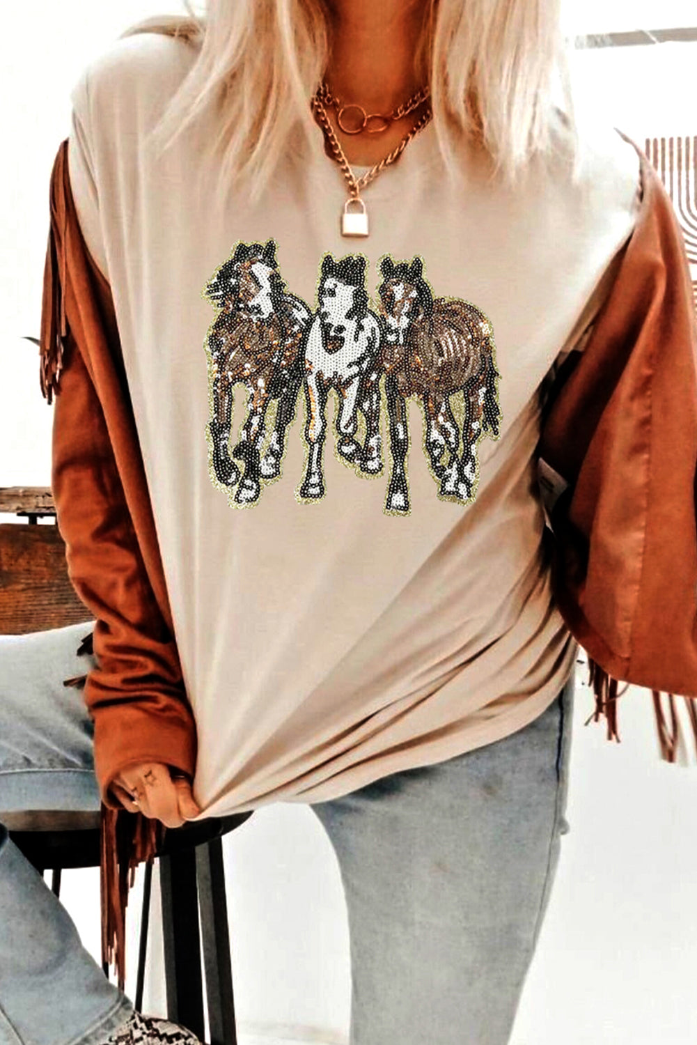 Sequin Horses Crewneck Tee