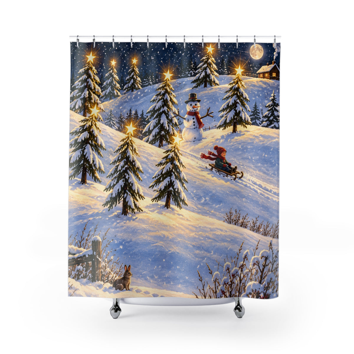 Christmas Snowy Night Shower Curtain — Snowman & Sledding Winter Scene