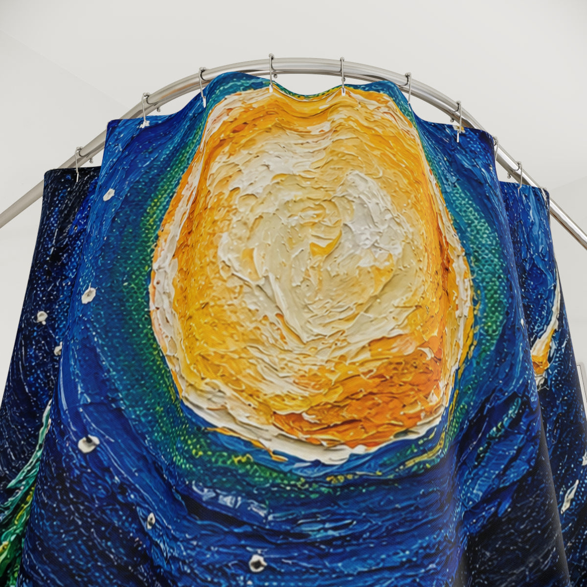 Starry Night Forest Shower Curtain — Moonlit Sky with Shooting Stars