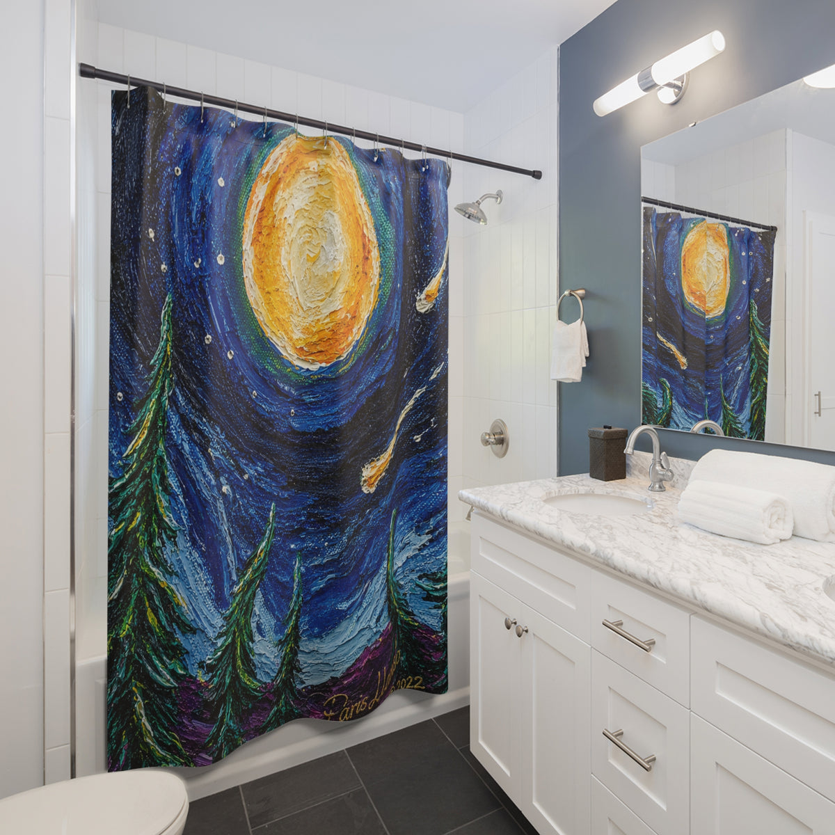 Starry Night Forest Shower Curtain — Moonlit Sky with Shooting Stars