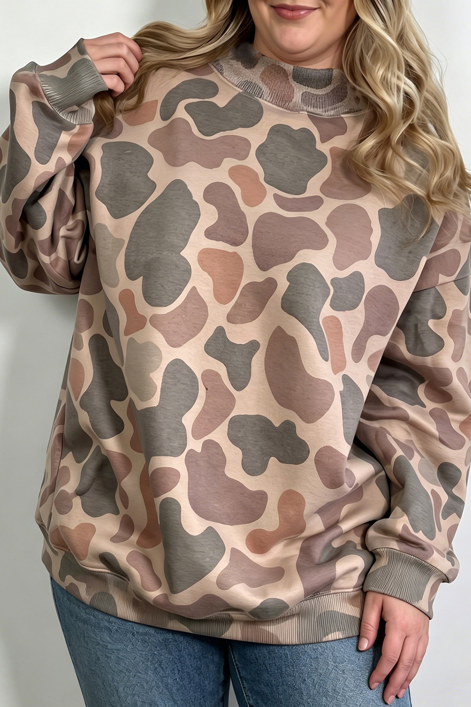 Plus Size Camo Print Mock Neck Sweatshirt