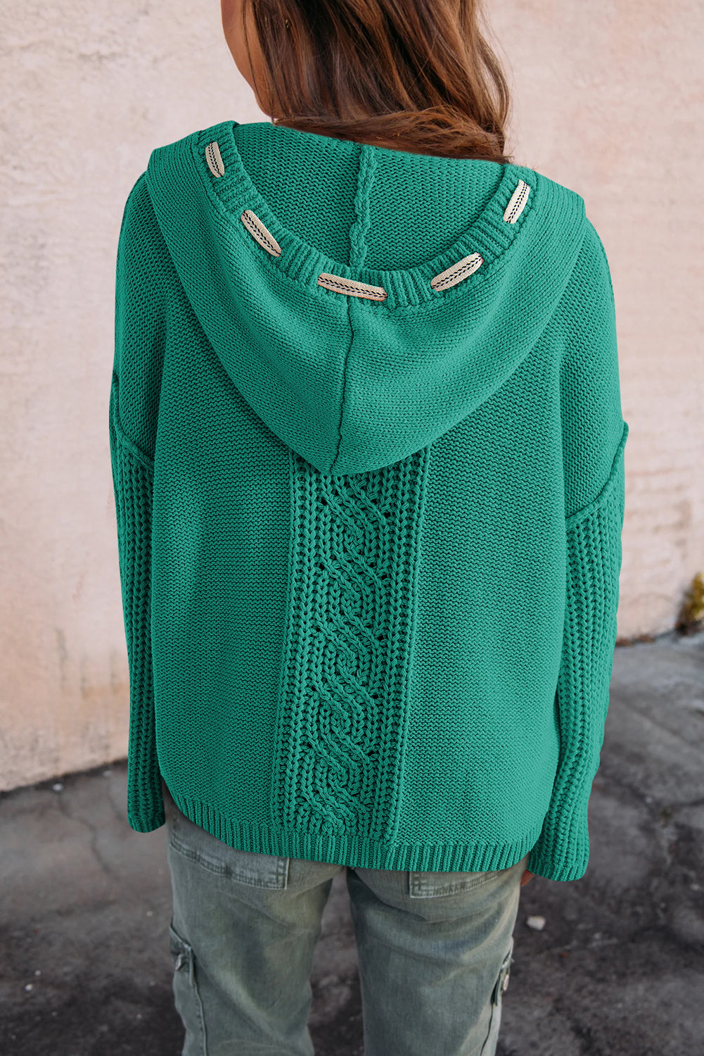 Cable Knit V Neck Hooded Sweater