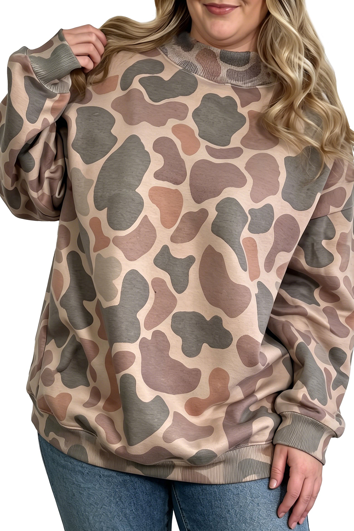Plus Size Camo Print Mock Neck Sweatshirt