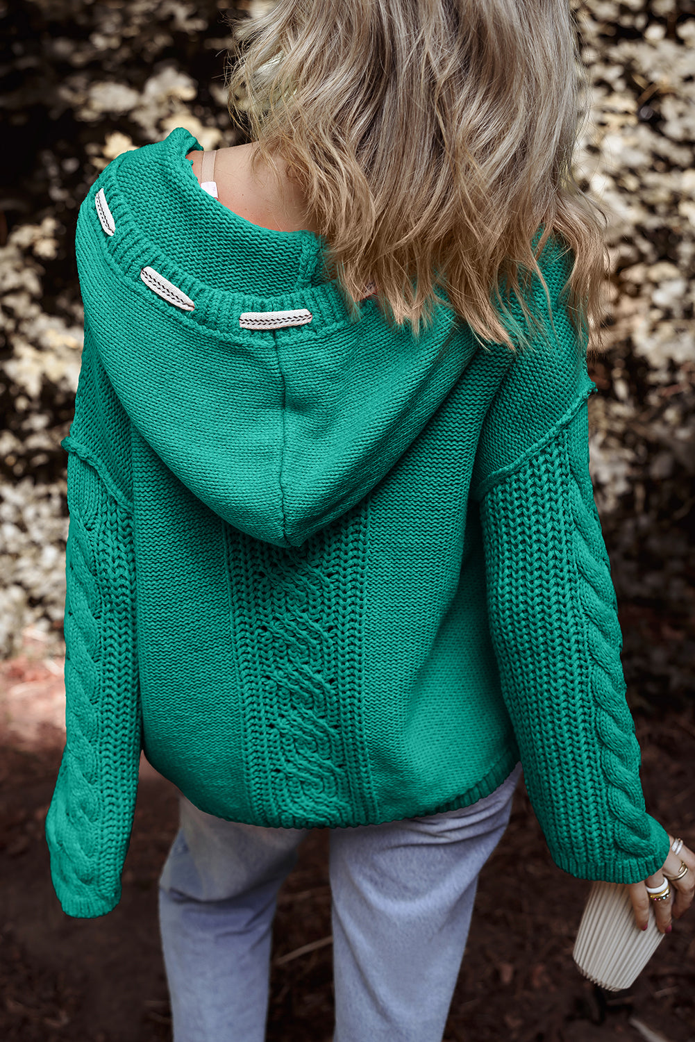 Cable Knit V Neck Hooded Sweater