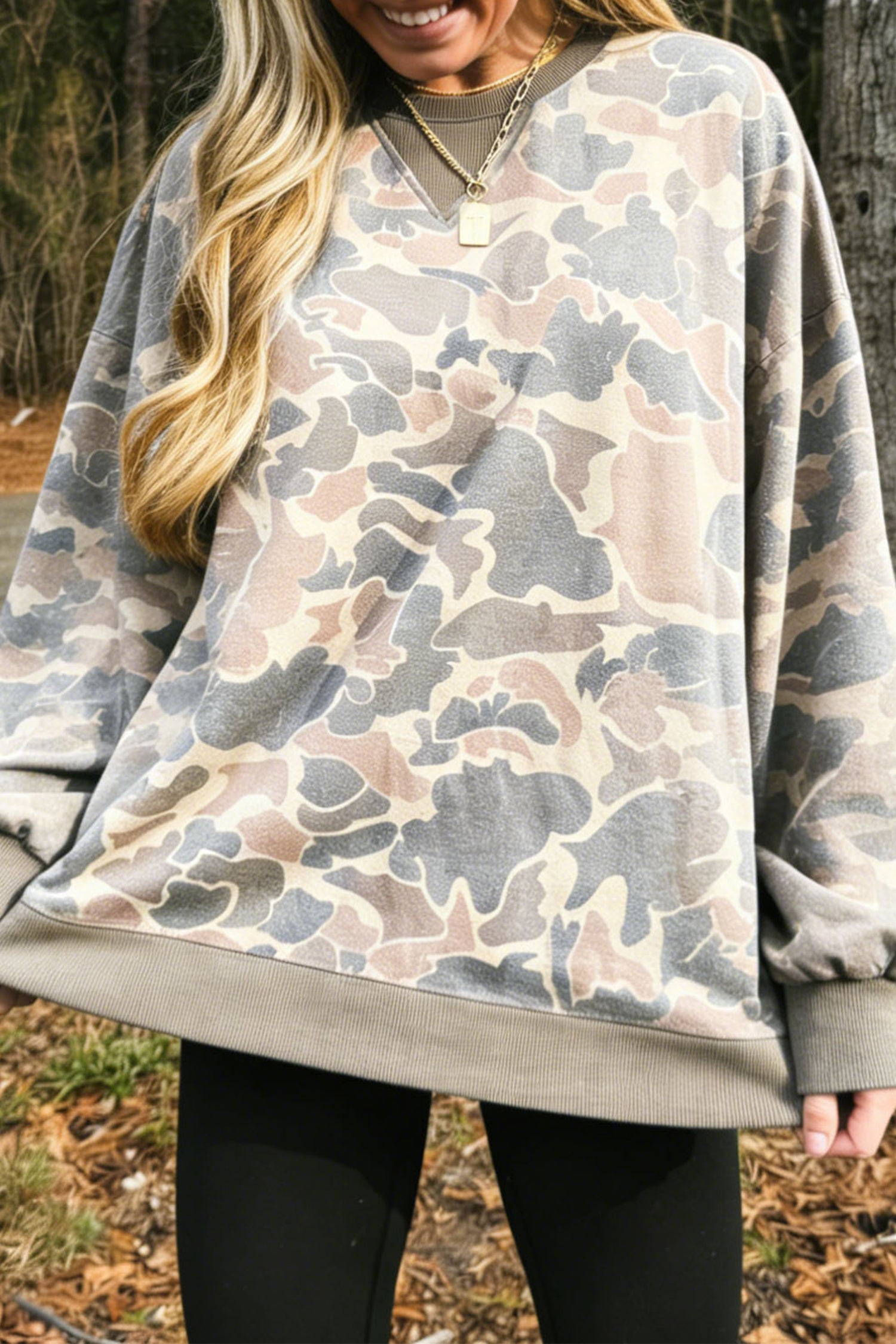 Camo Print Ribbed Trim Pullover Sweatshirt