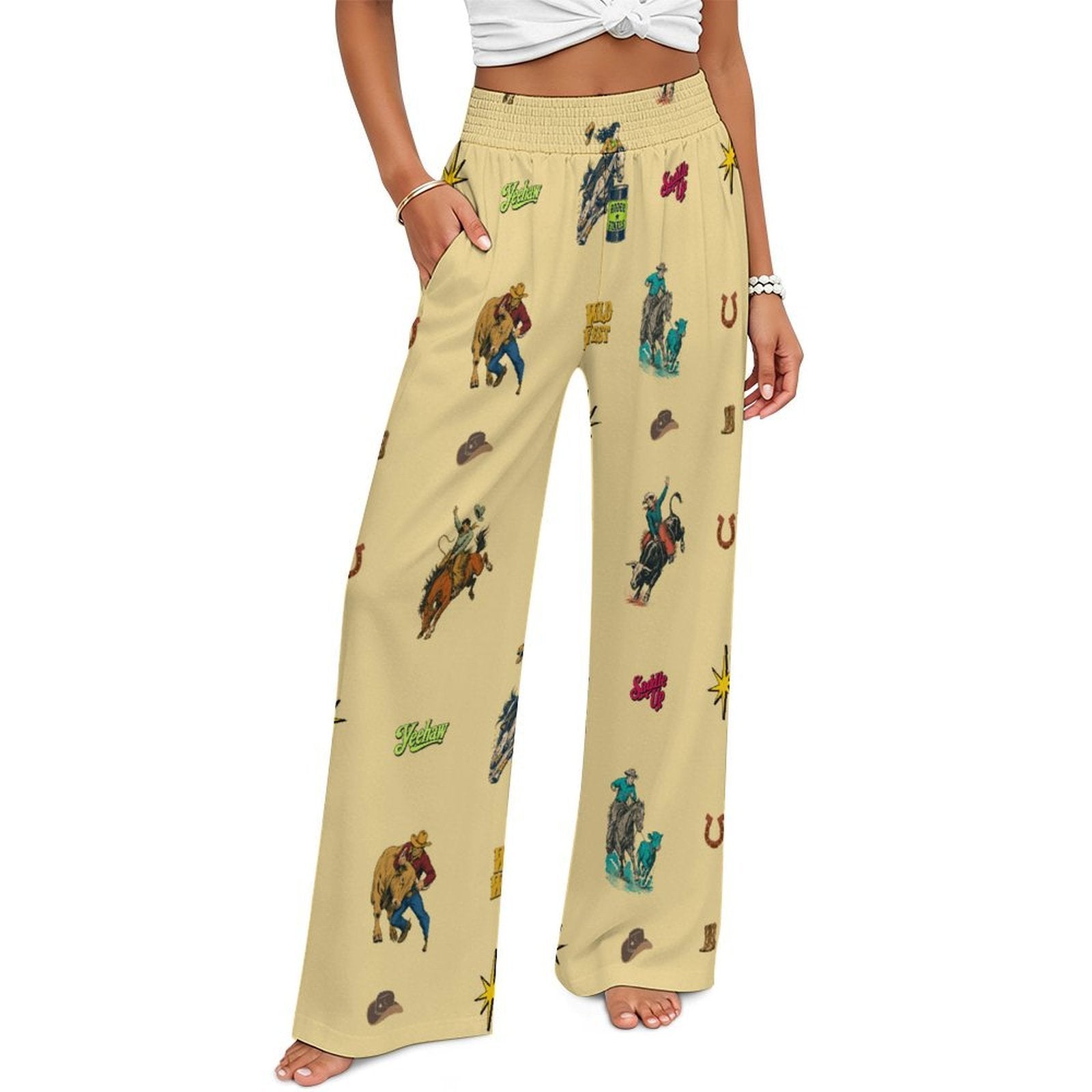 Women's Western Cactus Print High Waisted Wide Leg Pants