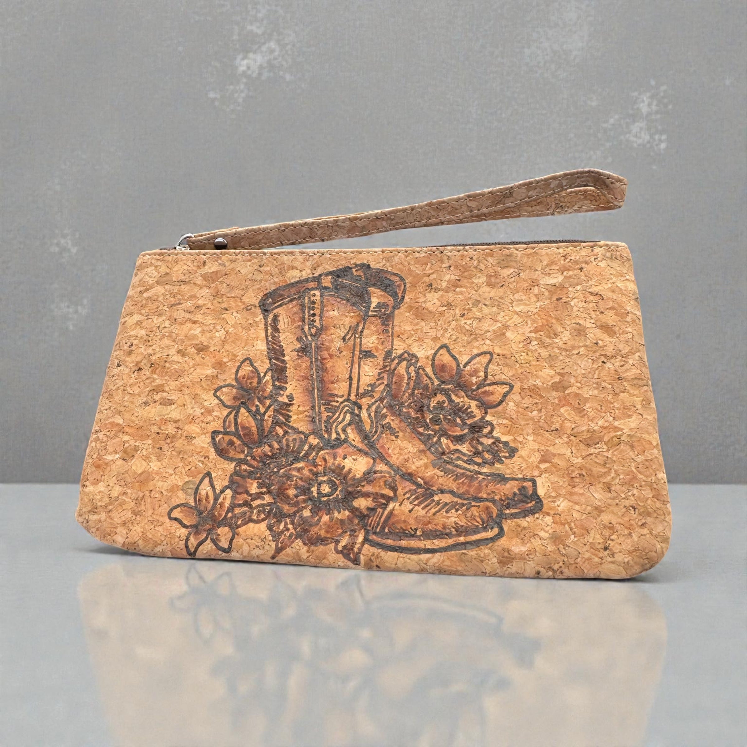 Boots & Blooms Burned Cork Wristlet