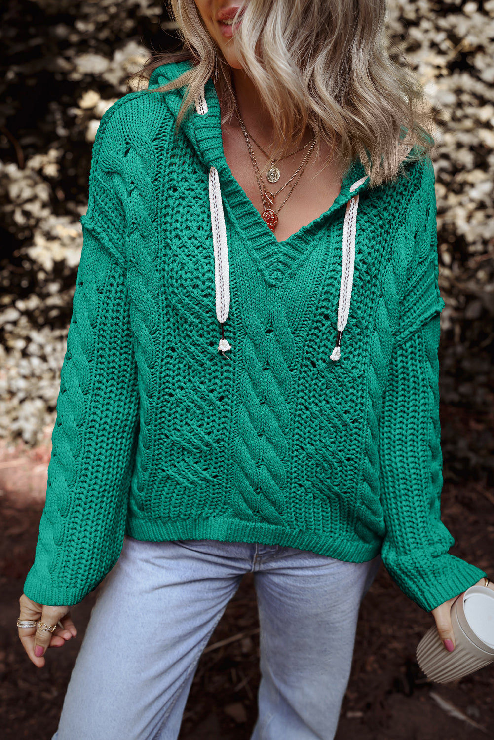 Cable Knit V Neck Hooded Sweater