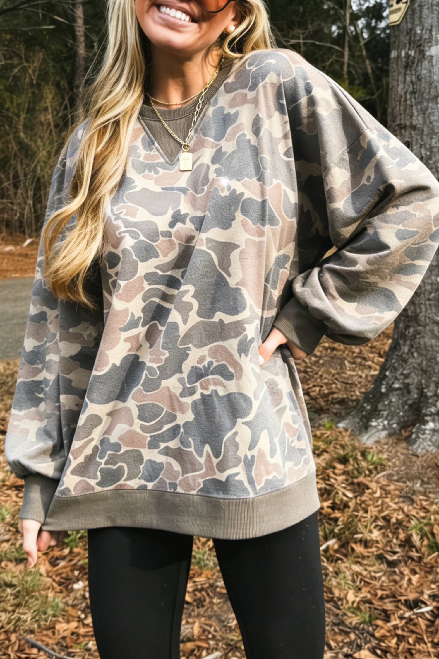 Camo Print Ribbed Trim Pullover Sweatshirt