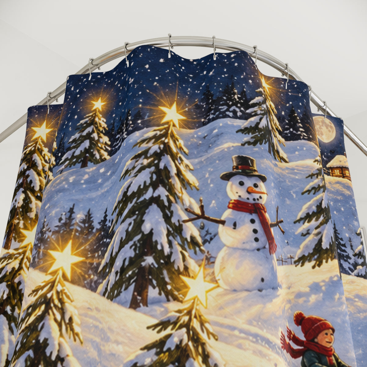 Christmas Snowy Night Shower Curtain — Snowman & Sledding Winter Scene