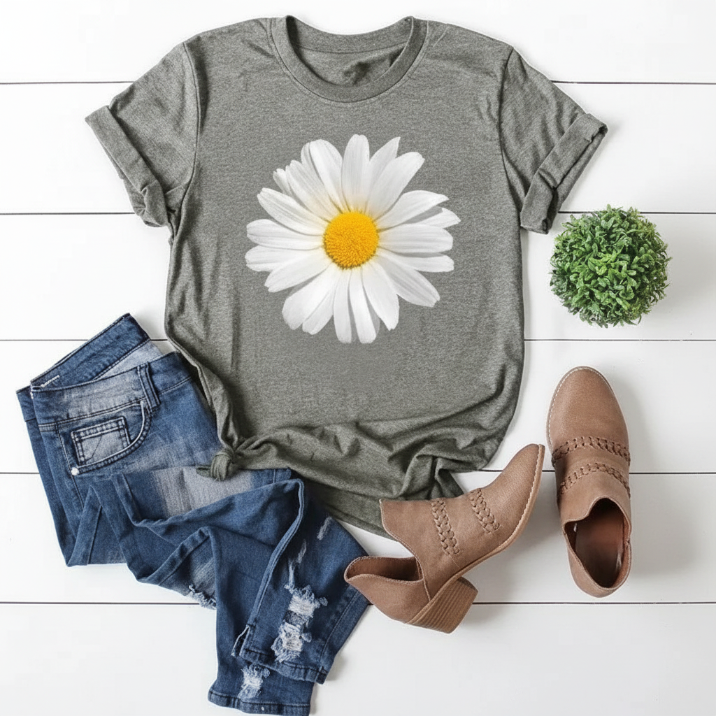 Gray t-shirt with a daisy graphic, paired with denim shorts and brown boots on a white wooden surface.