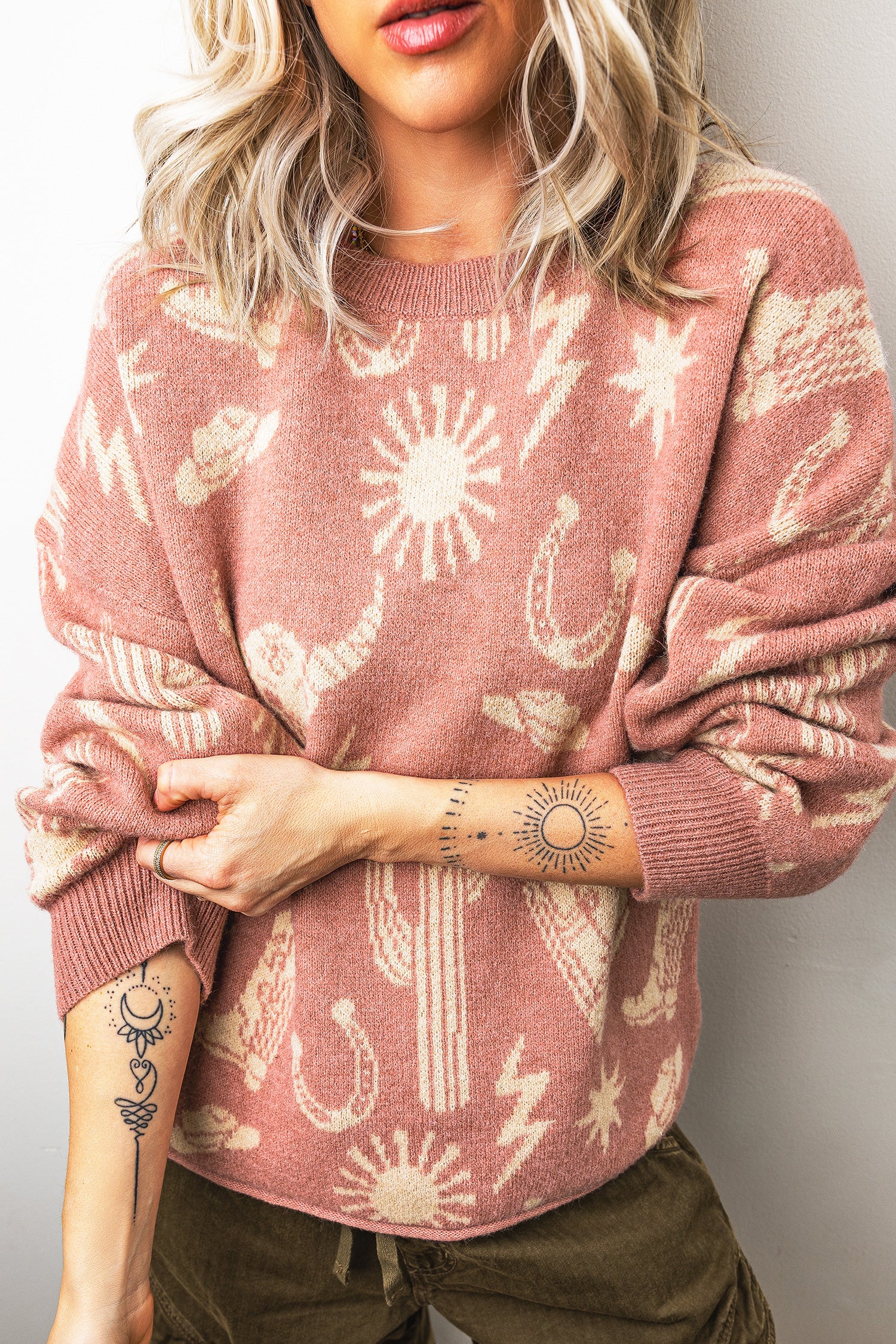 Women's Western Print Drop Shoulder Sweater