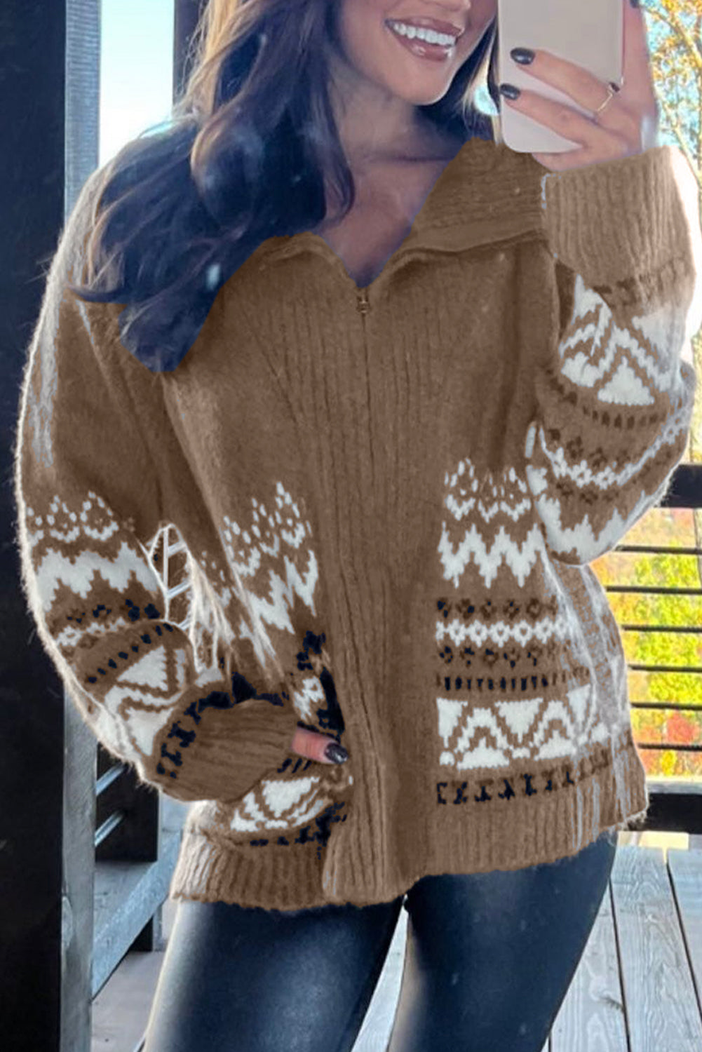 Western Printed Ribbed Trim Zip-Up Cardigan