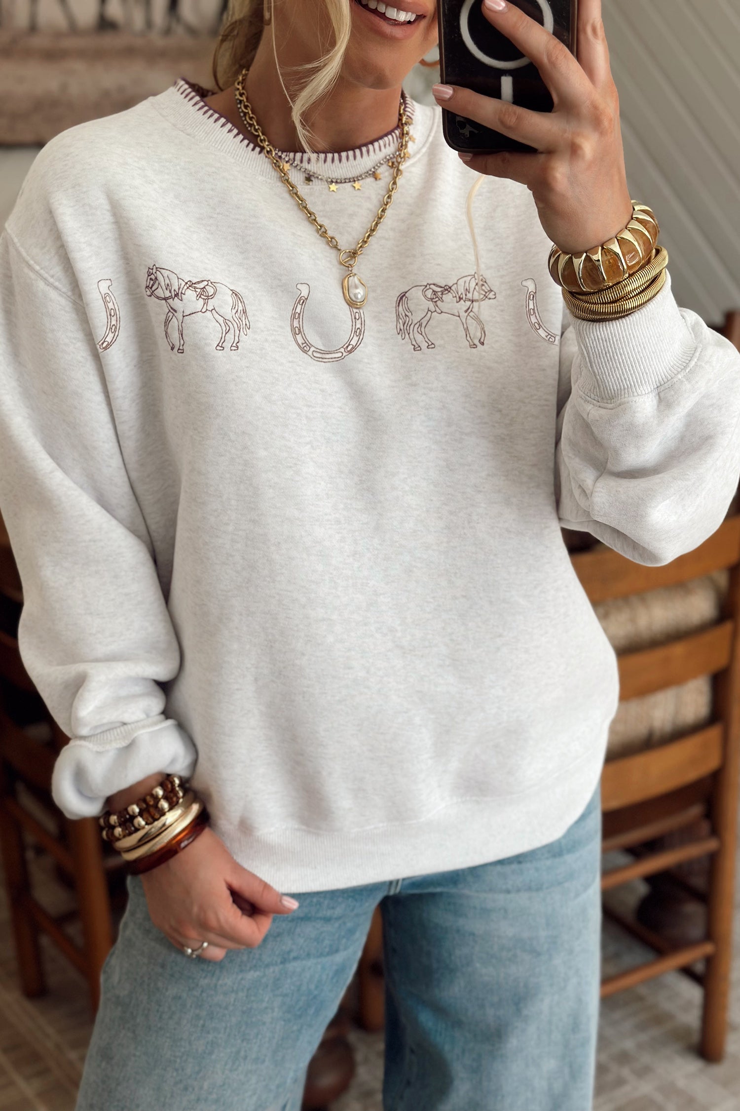 Women's Western Print Embroidered Sweatshirt