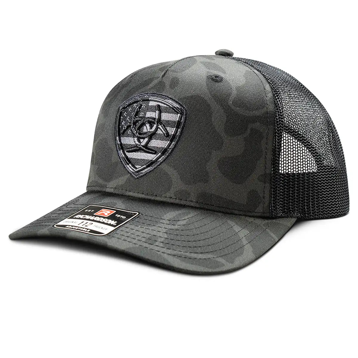 Ariat Black Camo Embroidered Shield Trucker Cap