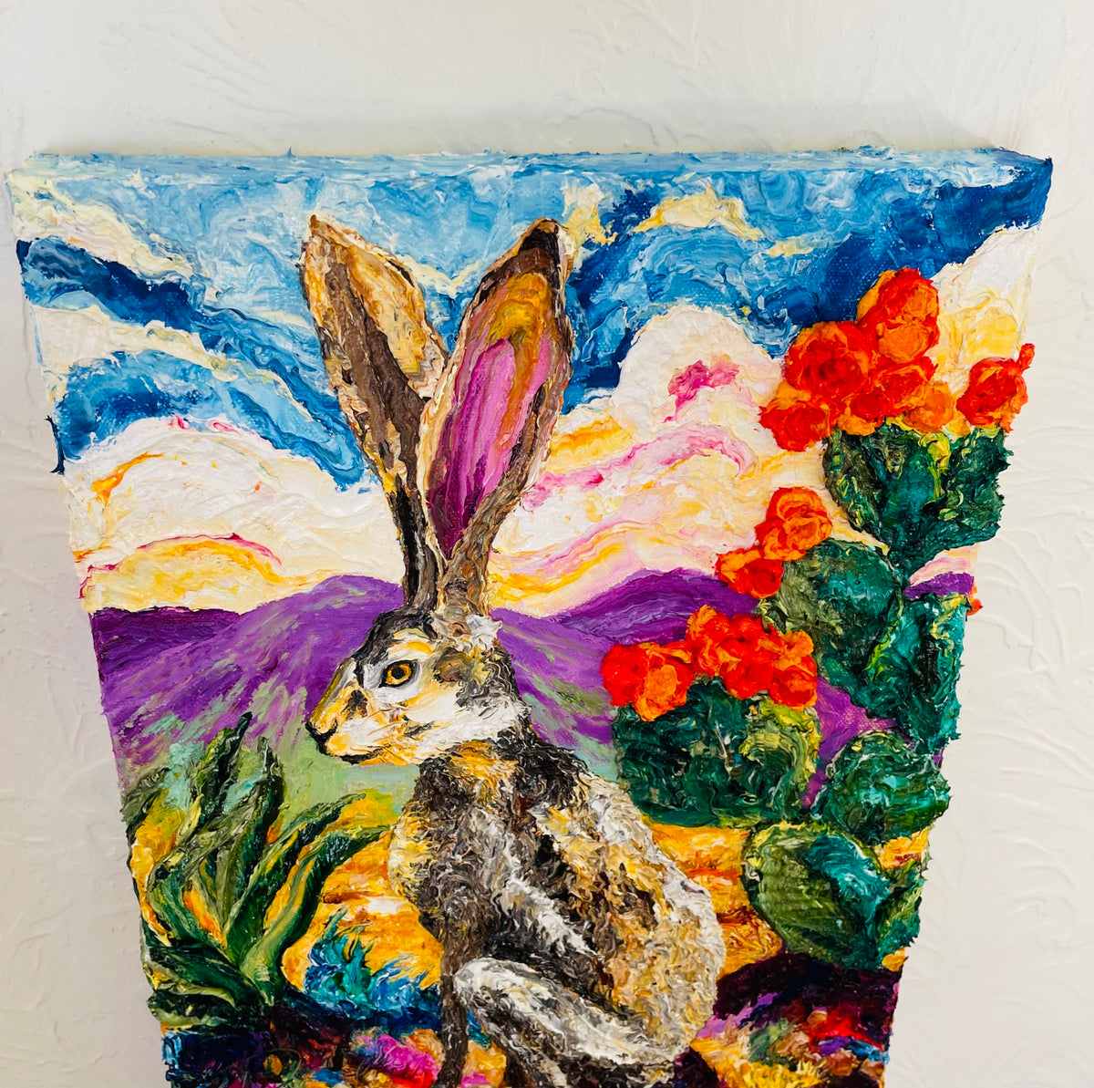 Jackrabbit and Blooming Cactus Original Oil Painting