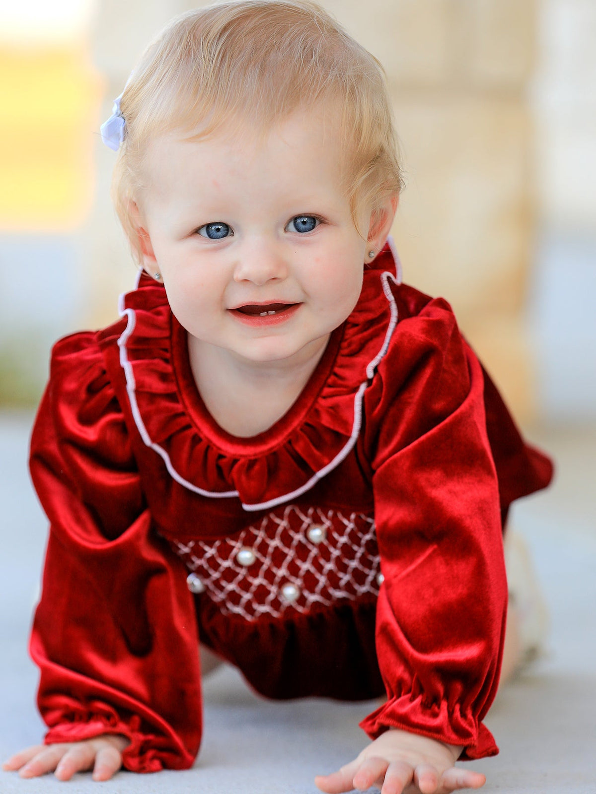 Baby Burgundy Velvet Smocked Christmas Bubble Romper