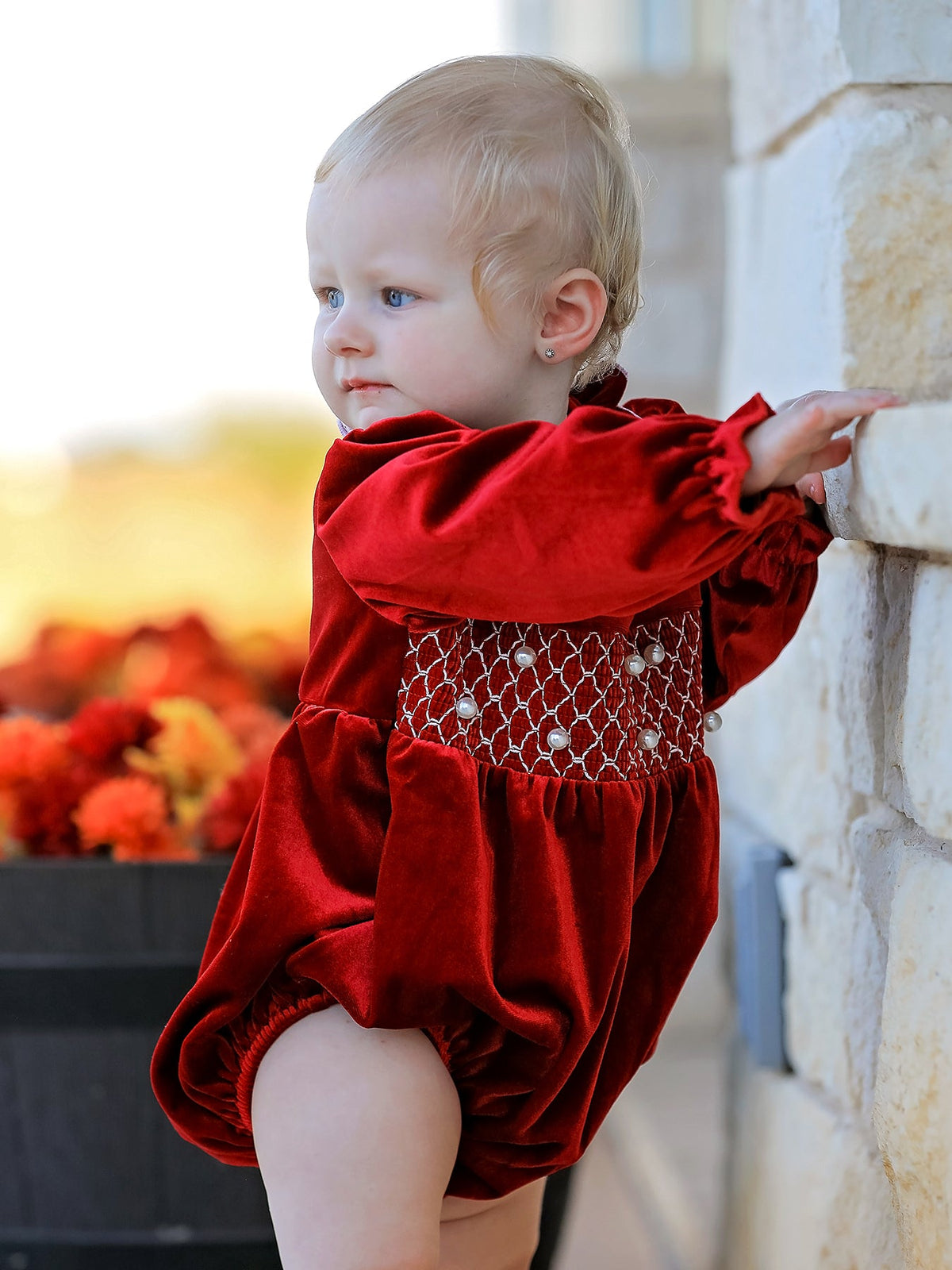 Baby Burgundy Velvet Smocked Christmas Bubble Romper