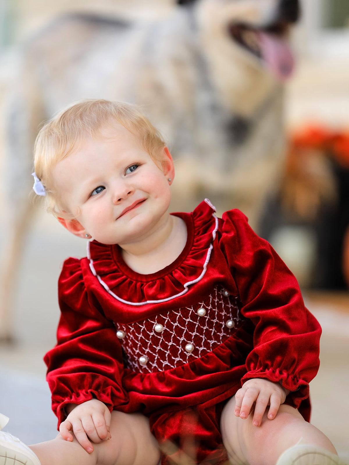 Baby Burgundy Velvet Smocked Christmas Bubble Romper
