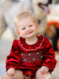 Baby Burgundy Velvet Smocked Christmas Bubble Romper