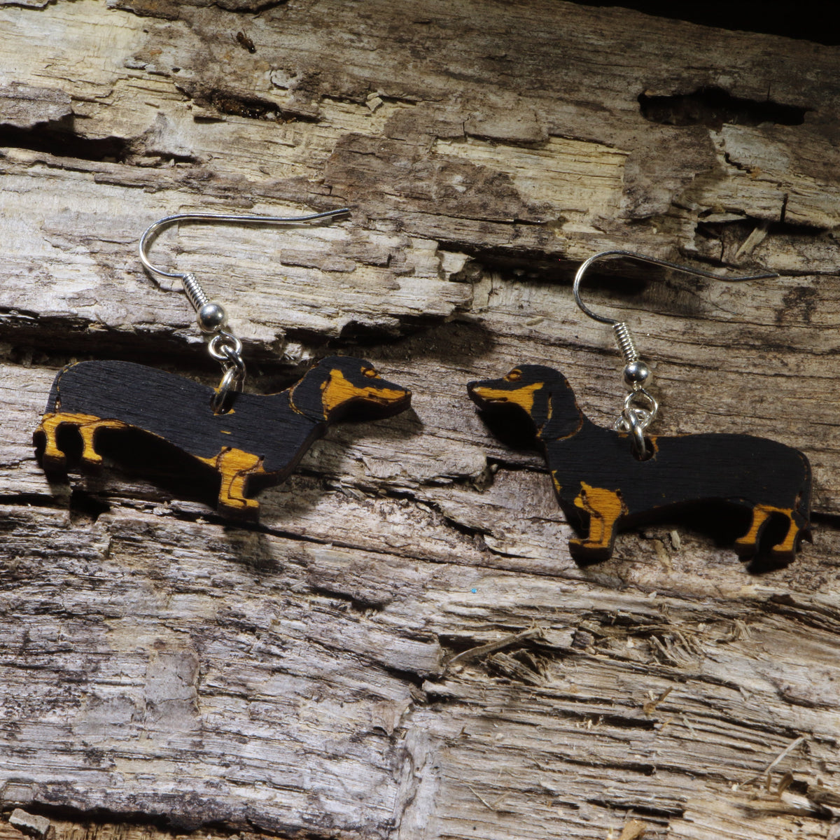 Black & Tan Dachshund Wooden Dangle Earrings