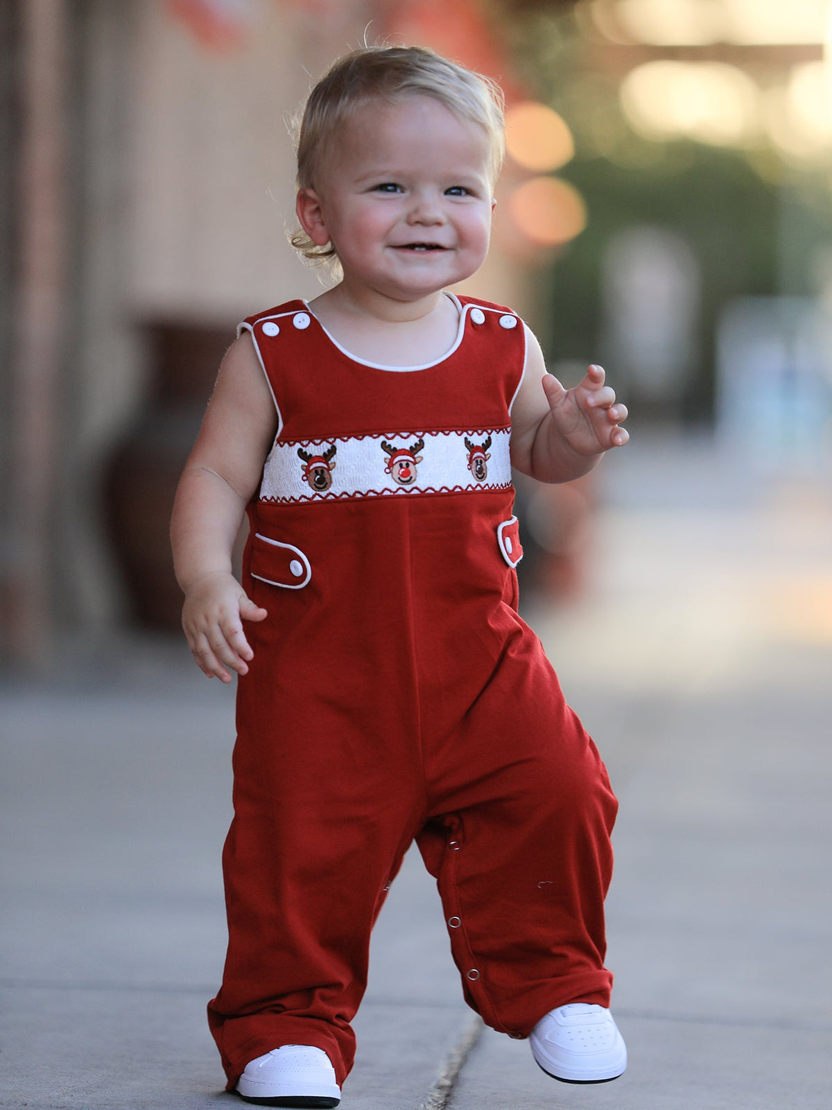 Baby Boys’ Red Reindeer Smocked Christmas Jon Jon