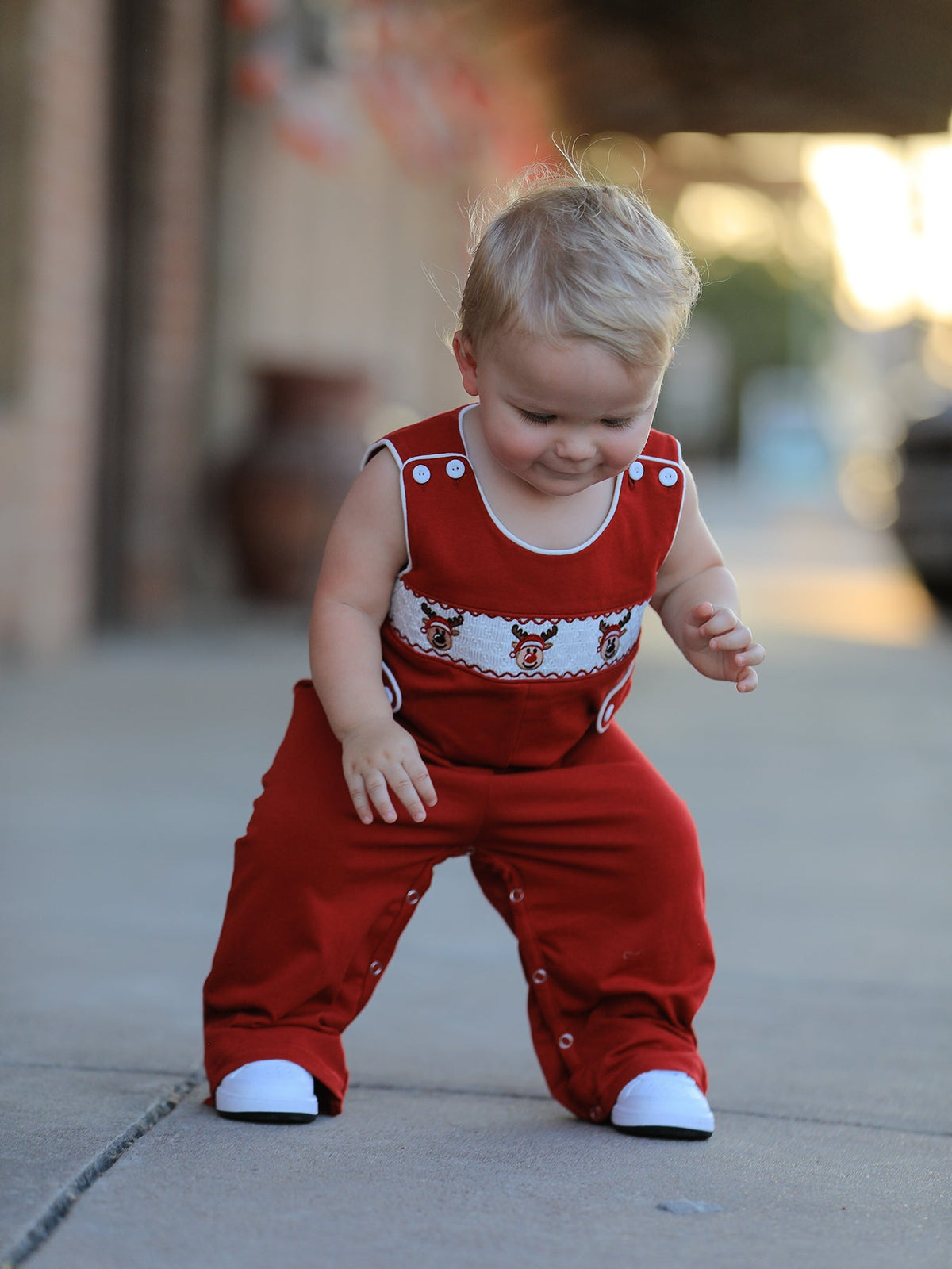 Baby Boys’ Red Reindeer Smocked Christmas Jon Jon