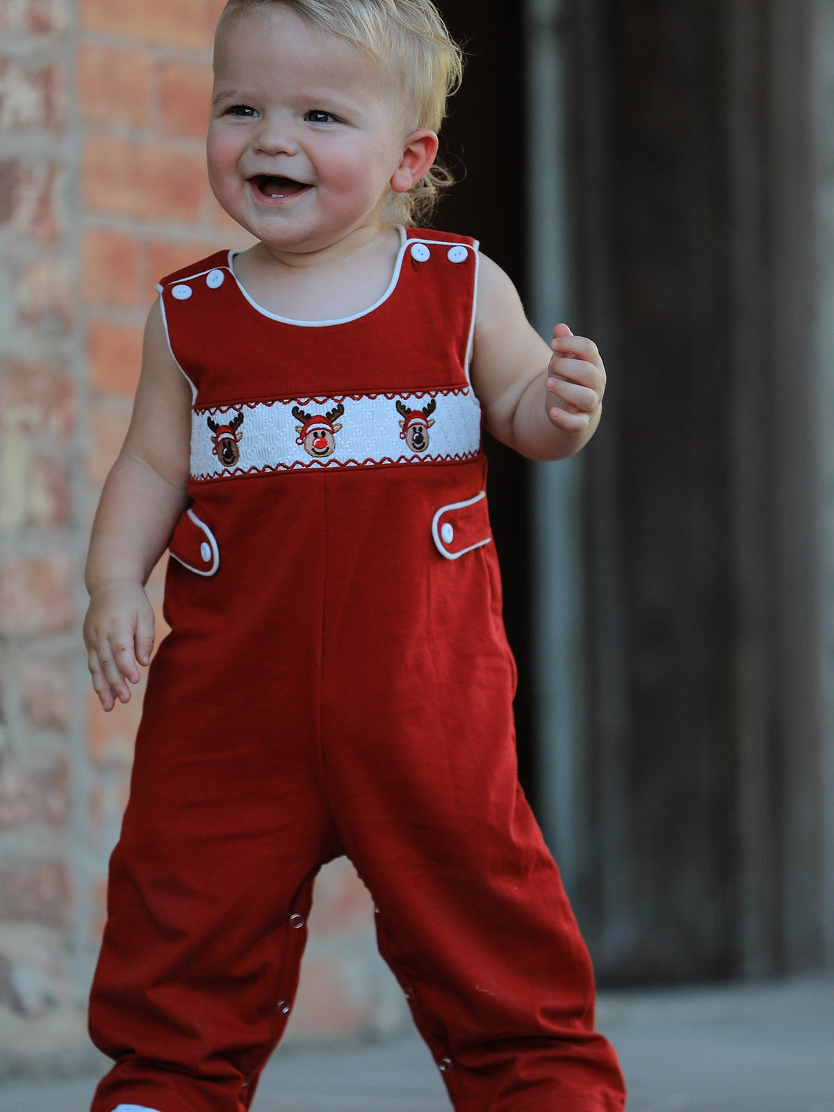 Baby Boys’ Red Reindeer Smocked Christmas Jon Jon