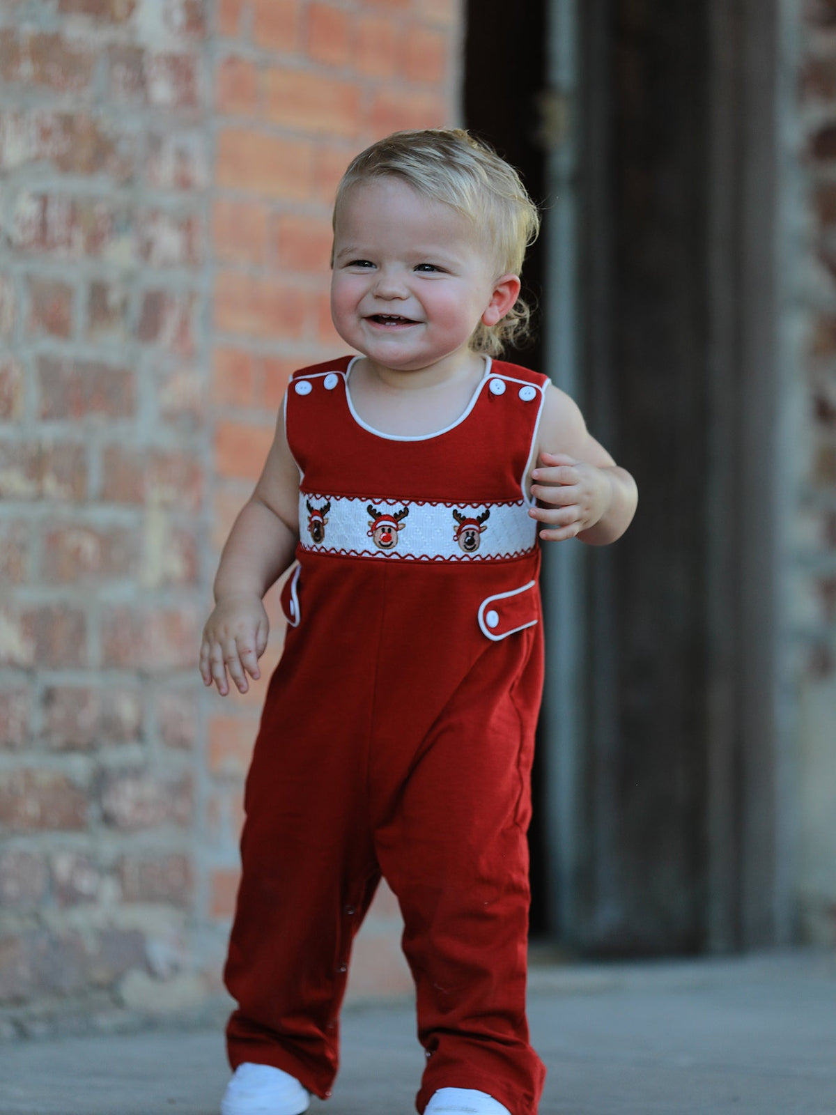 Baby Boys’ Red Reindeer Smocked Christmas Jon Jon