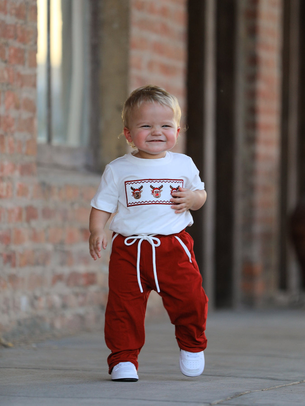 Boys' Christmas Reindeer Embroidered Shirt & Red Pants Set