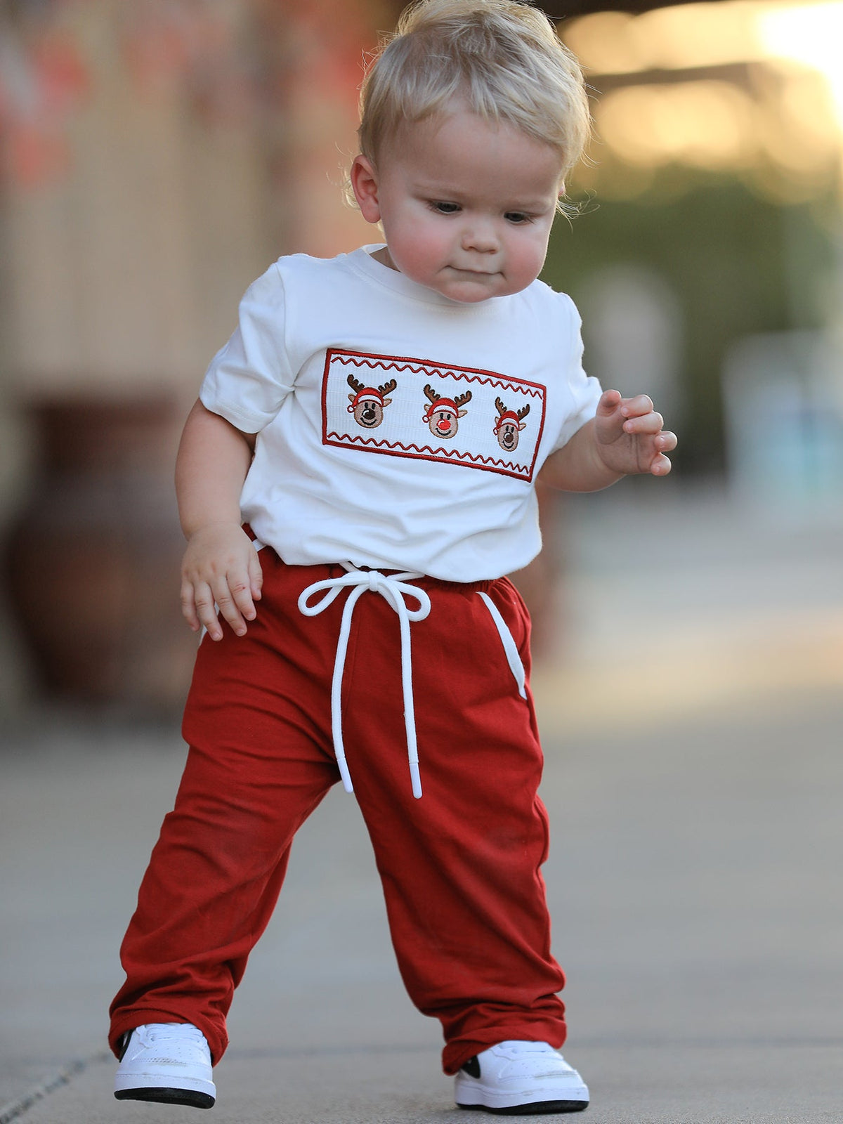 Boys' Christmas Reindeer Embroidered Shirt & Red Pants Set