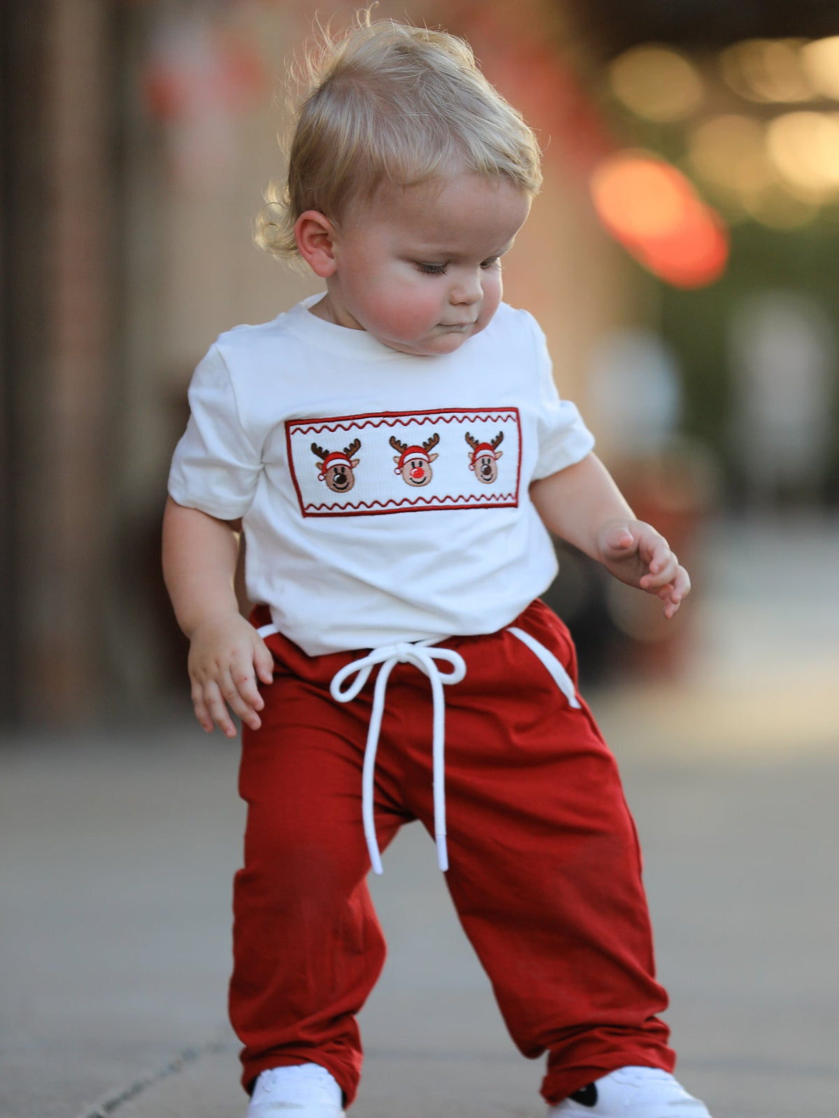 Boys' Christmas Reindeer Embroidered Shirt & Red Pants Set