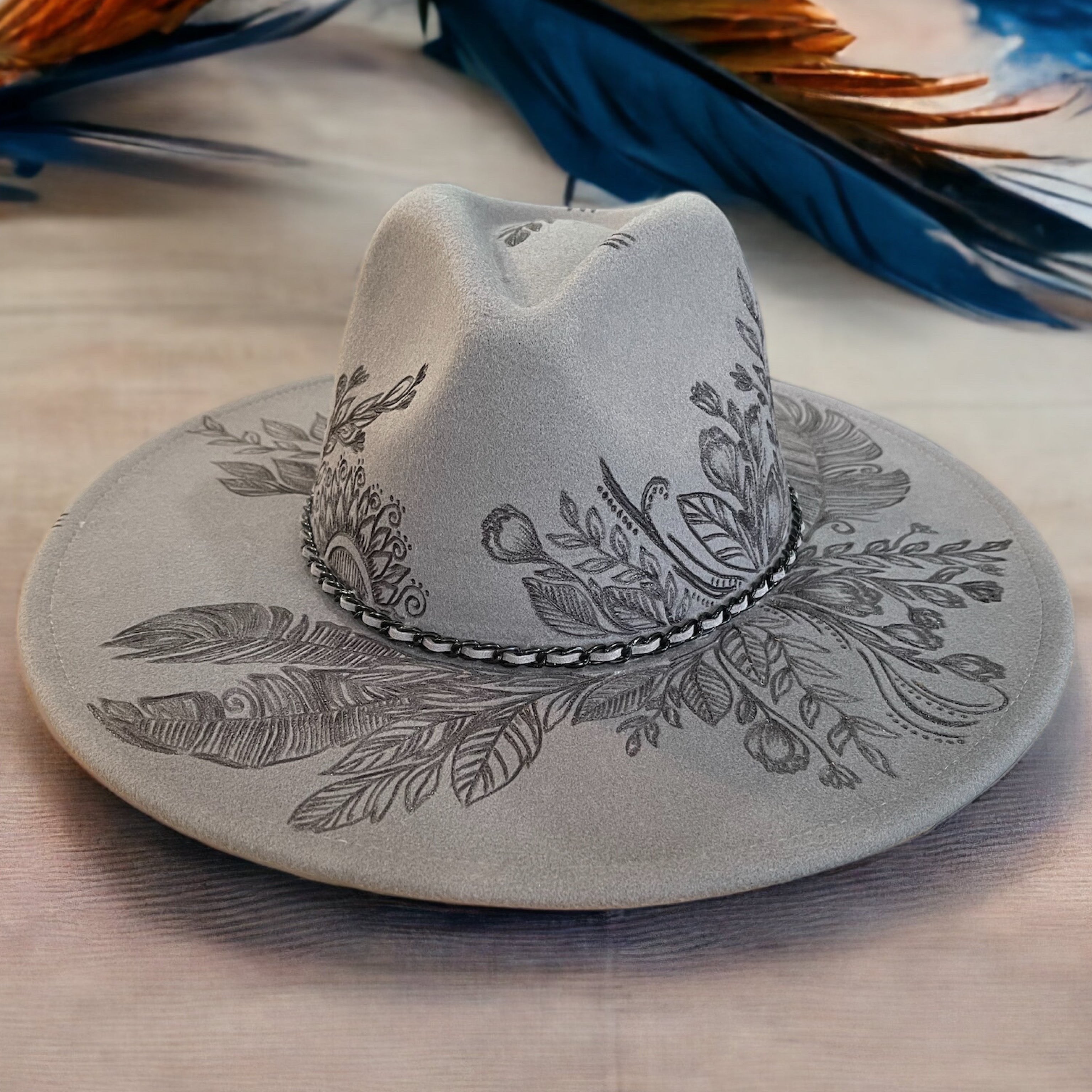 Topknot Burned Wide Brim Hat