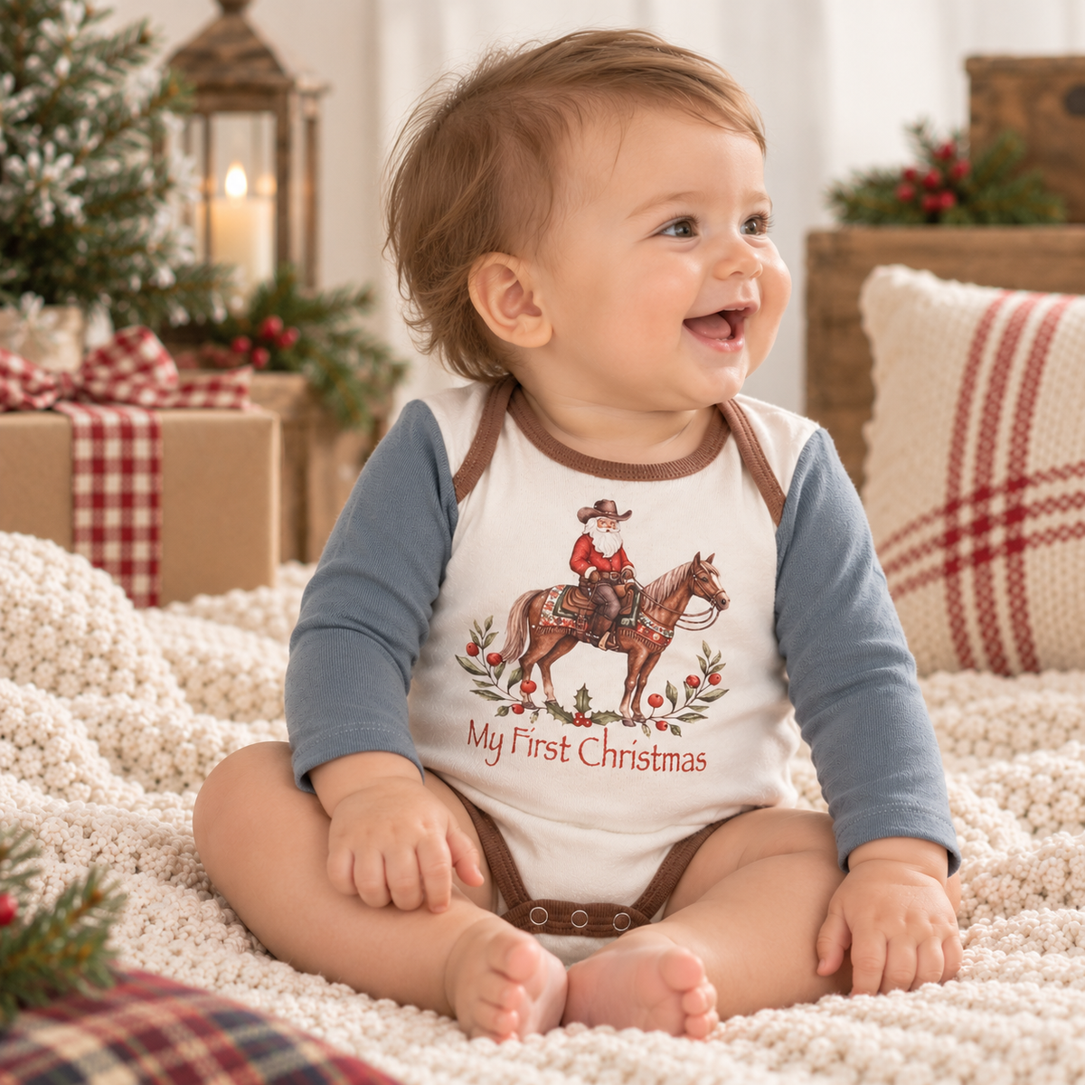My First Cowboy Christmas Baby Bodysuit | Long Sleeve Cotton Rib